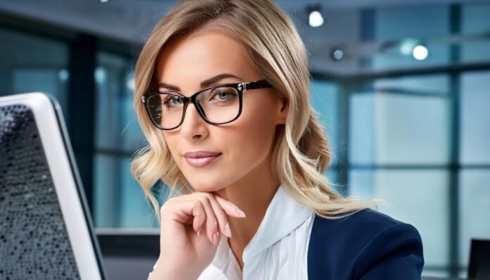 mujer rubia instramer de lentes usando instagram en la computadora