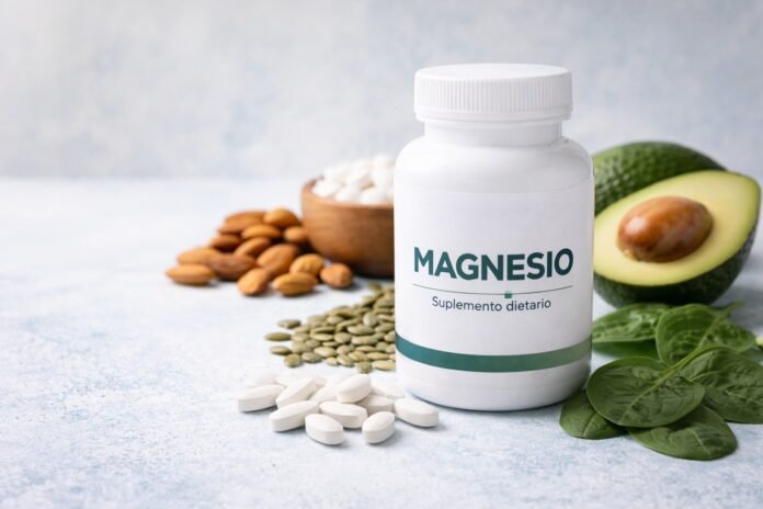 Suplemento de magnesio junto a alimentos ricos en magnesio como palta, almendras, semillas y hojas verdes
