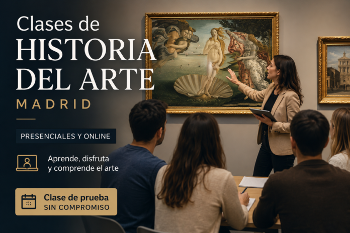 Profesora impartiendo una clase de historia del arte a un grupo de estudiantes frente a pinturas y esculturas en un museo.