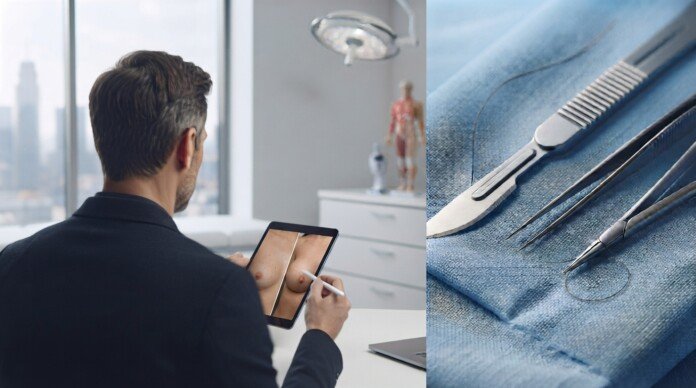 Consulta de cirugía plástica en Uruguay: un profesional revisa fotos de antes y después en una tablet, junto a bisturí y pinzas quirúrgicas